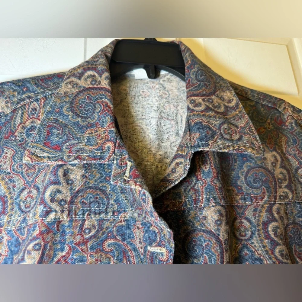 Norm Thompson Vintage Paisley Print Denim Jacket Size XL Red Blue Tan USA Boho